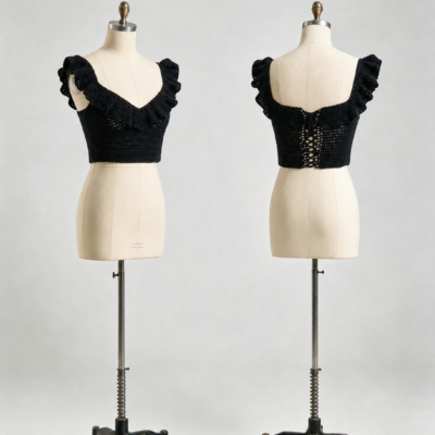 Black ruffle corset crochet crop top front and back view by ZQ Sweater Factory