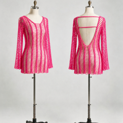 Hot pink open-back crochet mini dress front and back view by ZQ Sweater Factory