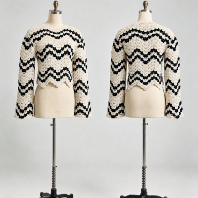 Black and ivory wave crochet crop sweater front and back view by ZQ Sweater Factory
