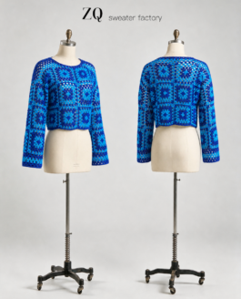 Blue Granny Square Crochet Crop Sweater | Private Label Manufacturer