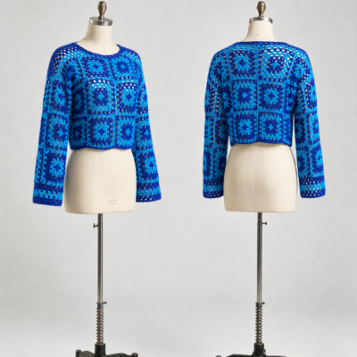 Blue granny square crochet crop sweater front and back view by ZQ Sweater Factory