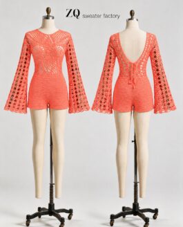 Coral Crochet Bell-Sleeve Romper | Private Label