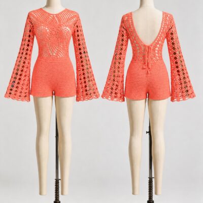 Front and back of a coral crochet romper with flared bell sleeves, openwork bodice and tie-back detail