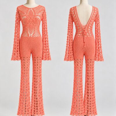 Front and back of a coral crochet jumpsuit with flared sleeves, openwork legs and low lace-up back