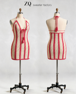 Coral & Ivory Striped Halter Crochet Mini Dress