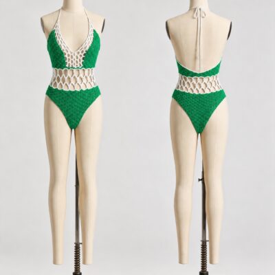 Front and back of a green and white crochet halter swimsuit with open diamond waist and low back