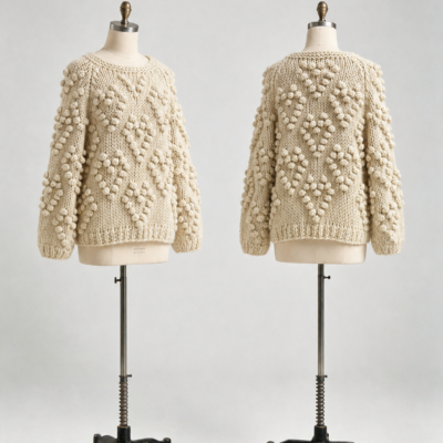 Ivory bobble texture chunky sweater front and back view by ZQ Sweater Factory