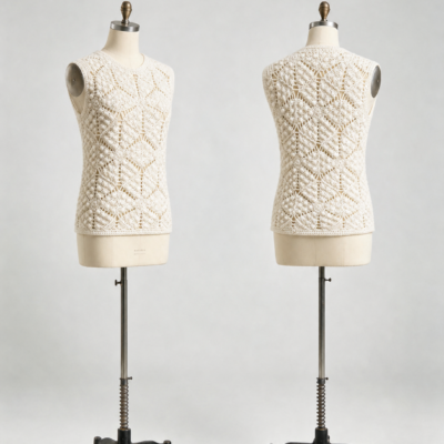Ivory diamond bobble crochet vest front and back view by ZQ Sweater Factory