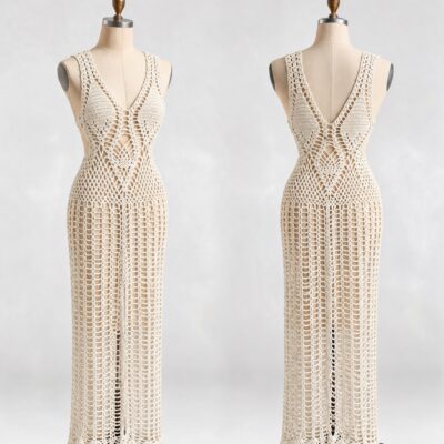 Front and back of an ivory crochet maxi dress with V neckline, patterned waist, mesh skirt and scalloped hem
