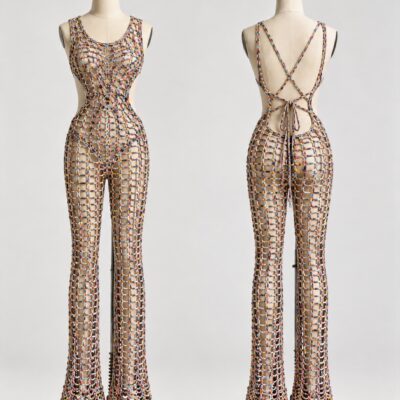 Front and back of a multicolor open-mesh crochet jumpsuit with scoop neckline, crossed back ties and long flared legs