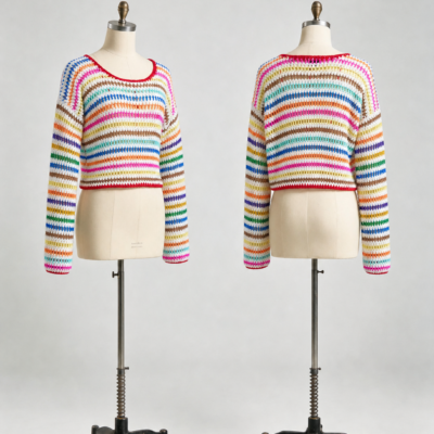 Front and back of a multicolor striped openwork cropped sweater with long sleeves and red neckline trim