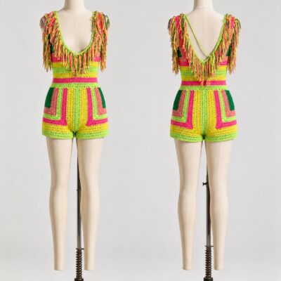 Front and back of a neon pink yellow and green crochet romper with neckline fringe and open back