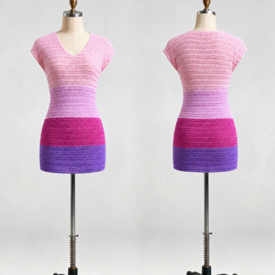 Front and back of a pink, magenta and purple crochet mini dress with a V-neck and short cap sleeves