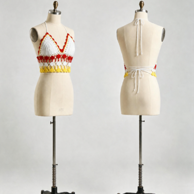 Front and back of a white halter crochet crop top with red accents, yellow openwork hem and neck and back ties