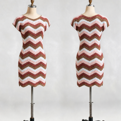 Front and back of a short-sleeve crochet mini dress with rose brown and ivory chevron stripes and a waved hem