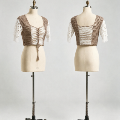 Front and back of a taupe and ivory openwork crochet crop top with tasseled front lacing and fringed sleeves