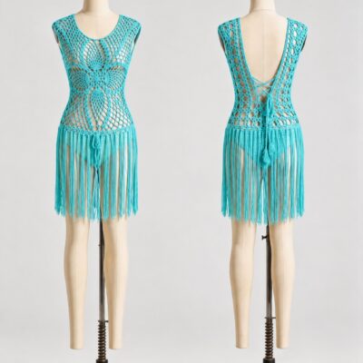 Front and back of a turquoise sleeveless crochet cover-up with radiating openwork motifs, long fringe and low lace-up back
