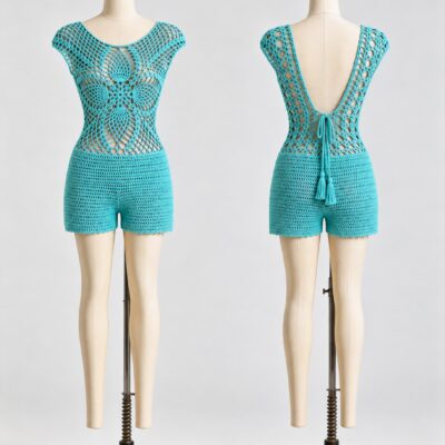 Front and back of a turquoise crochet short romper with pineapple motifs, cap sleeves, dense short panels and low tie-back