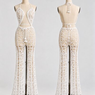Front and back of a white openwork crochet halter look with tie details and long flared pants