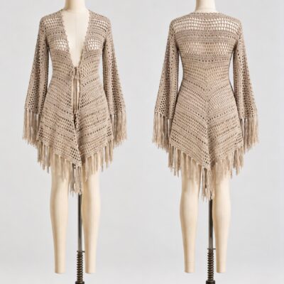 Front and back of a beige openwork long cardigan with front ties, flared sleeves, pointed hem and fringe