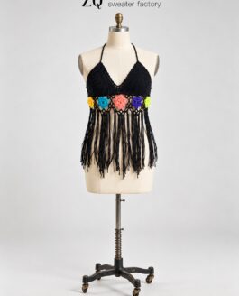 Black Multicolor Floral Fringe Crochet Halter Top | Private Label