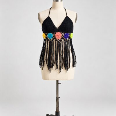 Front view of a black crochet halter top with multicolor flower motifs in an openwork band and long black fringe