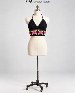 Black Pink Floral Crochet Halter Top | Private Label