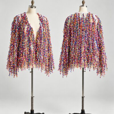 Front and back of an open-front cardigan with multicolor confetti-effect yarn strands, long sleeves and dense fringe