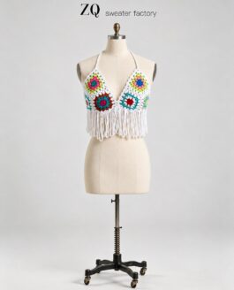 Ivory Floral Crochet Fringe Halter Top | Private Label