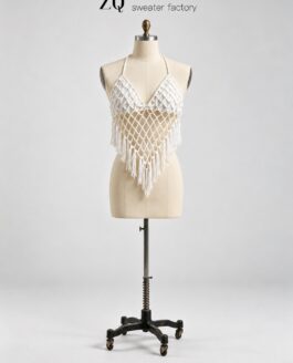 Ivory Diamond Mesh Fringe Crochet Halter Top | Private Label