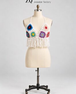 Ivory Multicolor Granny Crochet Halter Top | Private Label