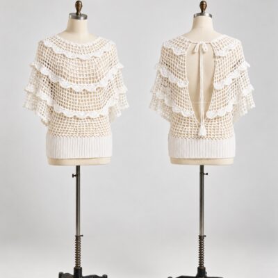 Front and back of an ivory open-mesh crochet top with tiered scalloped ruffles, open back, neck tie and ribbed hem