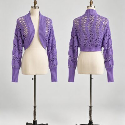 Front and back of a lavender openwork cropped cardigan with wide ribbed front edging, long sleeves and ribbed cuffs