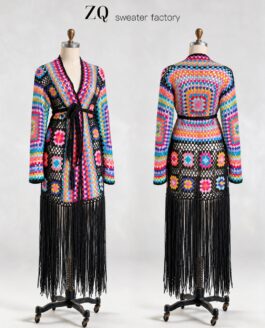 Multicolor Granny-Square Black Fringe Coat | Private Label