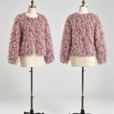 Front and back of a pastel multicolor cropped cardigan with raised yarn loops, long sleeves and an open front
