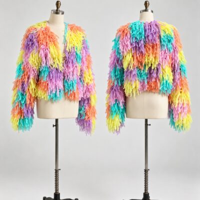 Front and back of a cropped open-front cardigan with pastel pink, lilac, yellow, turquoise and peach fringe and long sleeves