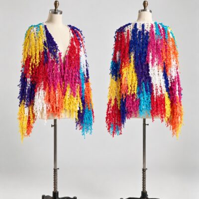 Front and back of a multicolor open-front crochet cardigan with long sleeves and dense rainbow fringe