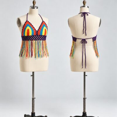 Front and back of a rainbow crochet halter top with purple openwork band, multicolor fringe and neck and back ties