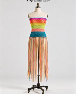 Rainbow Mesh Long Fringe Crochet Strapless Top | Private Label