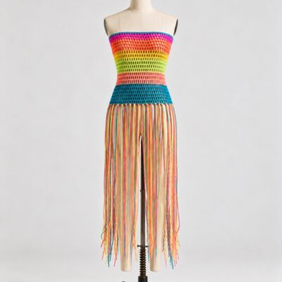 Front view of a rainbow striped mesh crochet strapless top with a straight neckline and long multicolor fringe