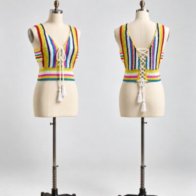 Front and back of a rainbow striped crochet crop top with a deep V front, side openings and white tassel-ended lace-up ties