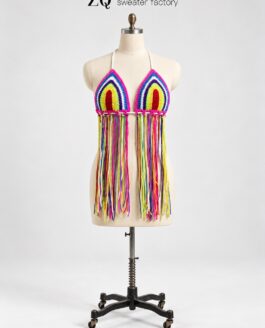 Rainbow Triangle Fringe Crochet Halter Top | Private Label