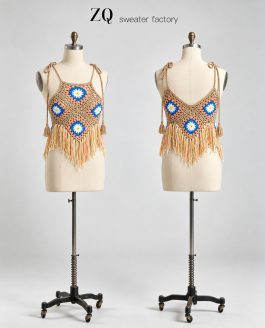 Tan Blue Daisy Fringe Crochet Halter Top | Private Label
