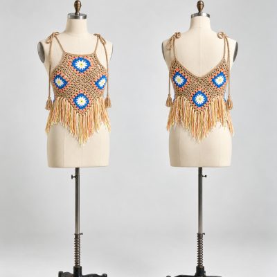 Front and back view of tan hand-crochet halter top with blue daisy squares and multicolor fringe