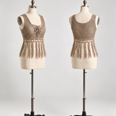 Front and back of a taupe crochet tank with open mesh, front neckline tie, a ring-trimmed hem and long tassel fringe